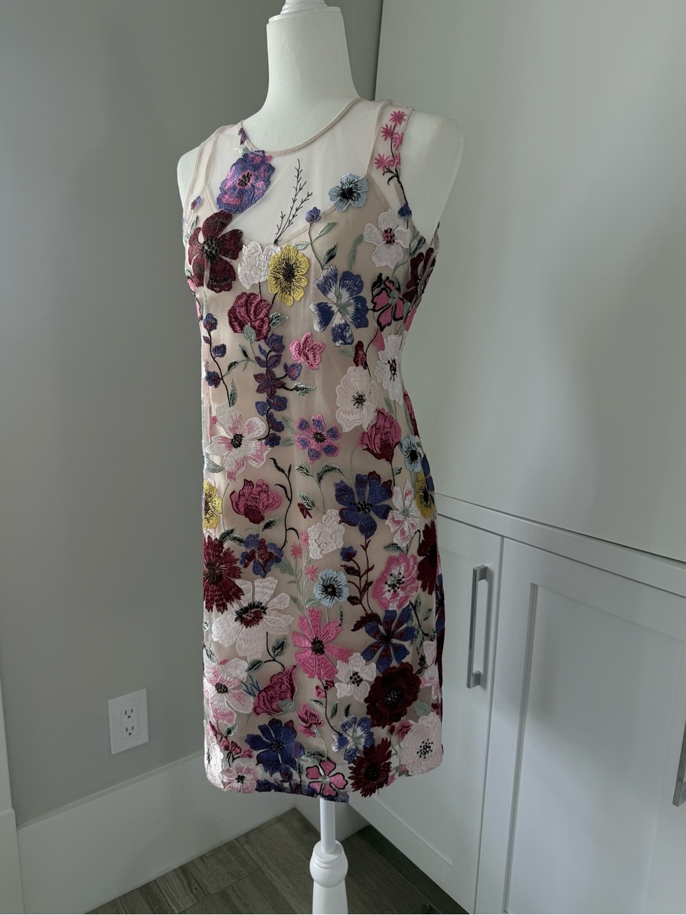 Boston Proper Nude Sheath Dress with Multicolor Floral Embroidery
